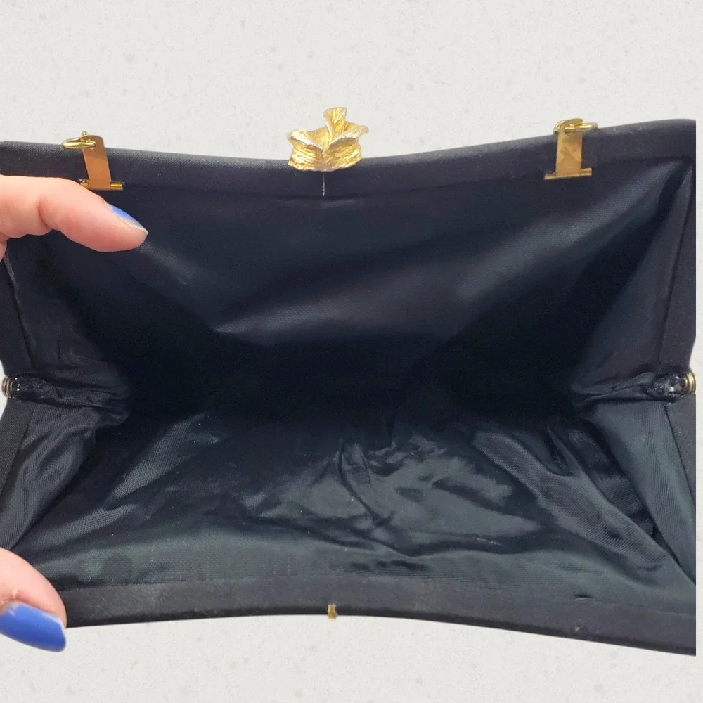 Vintage Black Satin Evening Clutch Bag Gold Floral Clasp Chain Strap Mid Century